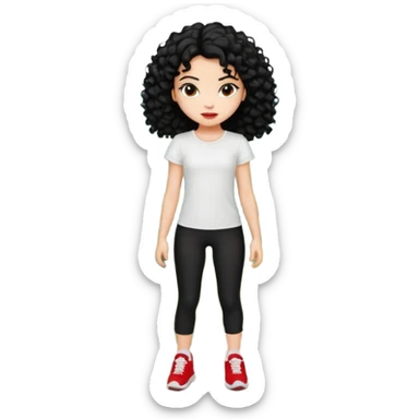 generate a pretty bratz fair skinned girl with curly black hair wearing a white tshirt trekking on a hill with red sneakers on and black leggings.  Put a hill behind her sticker