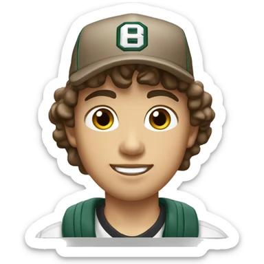 Teenager boy type mexican, White skin, with baseball cap backwards, with wavy brown hair (Which go down behind to the nape of the neck), Little bit dezoom sticker