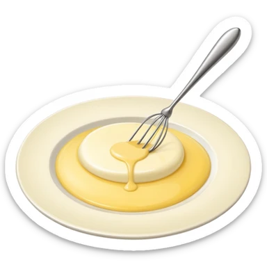 Generate a high-quality image of a dollop of yellow cream on a white plate with a metal whisk placed beside it, realistic color and shading, smooth gradient colors, no facial features, no brand markings, simple white background, high-resolution.
 sticker