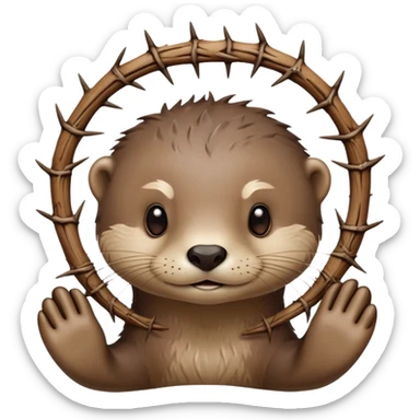 cute otter portrait with thin horizontal thorny branch circling only the forehead, exactly like Jesus Christ's Crown of thorns, no crown shape on top, no metal, just a single wooden thorny stem wrapped horizontally sticker