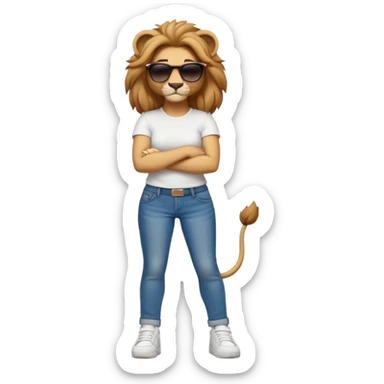 friendly anthropomorphised female lion character, full body, standing confidently with legs shoulder width apart and arms folded, wearing jeans, a white t-shirt, dark sunglasses, and trainers, with a determined expression sticker