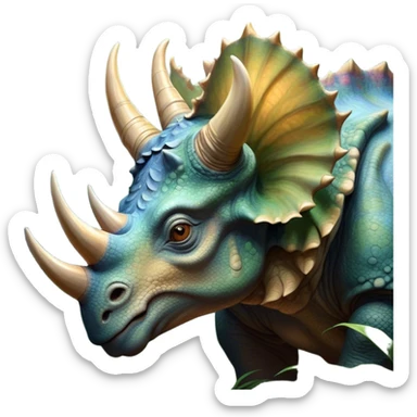 Beautiful and Majestic Triceratops Portrait Emoji, Head and body rendered in serene repose with a gentle, content smile, showcasing a robust, horned form with an intricately frilled head and eyes softly closed in tranquil repose, Simplified yet exquisitely endearing features, highly detailed, glowing with a soft, drowsy prehistoric light, high shine, relaxed and utterly majestic, stylized with an air of ancient splendor, soft glowing outline, capturing the essence of a beautiful and majestic Triceratops that embodies the timeless strength of the ancient world! sticker