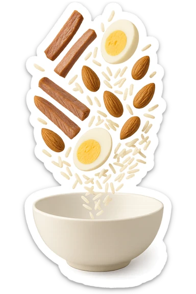 bowl bianca in cui cadono verticalmente fettine di carne, uova sode, mandorle e riso basmati sticker