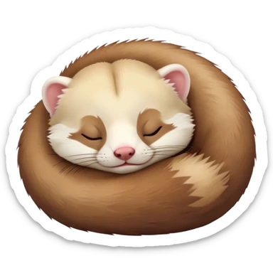 Meme-Worthy Cute Sleeping Ferret Portrait Emoji, Head resting peacefully with a contented smile, showcasing a long, flexible body curled up in cozy repose, luxuriously soft fur in warm brown and cream, and eyes gently closed in serene slumber, Simplified yet hilariously adorable features, highly detailed, glowing with a soft, drowsy natural light, high shine, relaxed and utterly lovable, stylized with an air of playful laziness, bright and heartwarming, soft glowing outline, capturing the essence of a sleeping ferret that feels destined to become the next viral sensation of adorable rest! sticker