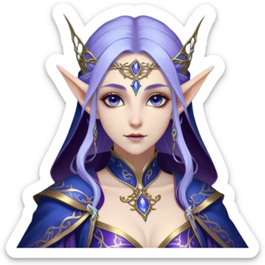 Cinematic Realistic WoW Elf Mage Portrait, depicted with ethereal, otherworldly beauty and refined arcane mastery. Clad in an intricately detailed robe in consistent deep blues and purples accented with shimmering gold filigree, her luminous, porcelain-like skin and delicate features evoke timeless elegance. Her piercing, mystical eyes radiate ancient wisdom, rendered with lifelike texture and subtle, magical lighting, high shine, noble and majestic, capturing the essence of a legendary elven sorceress. sticker