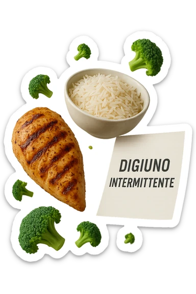 petto di pollo grigliato, bowl di riso basmati e broccoletti fluttuano in aria insieme ad un foglio con la scritta "DIGIUNO INTERMITTENTE", iperrealistico 4k sticker