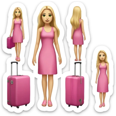 Realistic White girl with Long straight blonde hair and green eyes, tattoos, full body wearing pink dress, holding pink luggage sticker