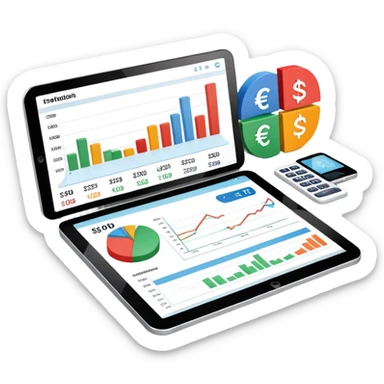 financial dashboard with multiple currency symbols € $ £ ¥ sticker