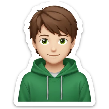 the face of an Anime teen boy with brown hair, green eyes, looking smiling slightly sideways positioned. Face must be main filling of the emoji. A little piece of hoodie can be visible. 128px sticker
