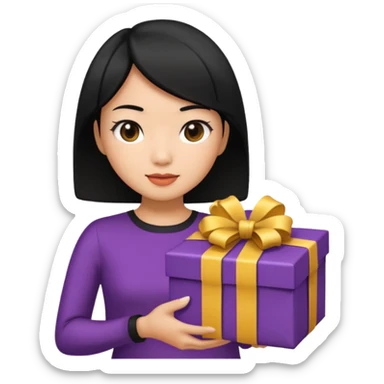 asian woman short hair tanned, holding with black present - emoji style sticker