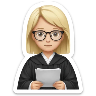Young judge, blonde hair with glasses and robe, hold a paper sticker