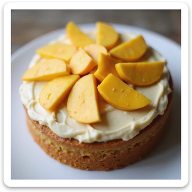 realistic round cake with mango frosting and fresh mango slices, photorealistic style sticker