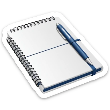 Minimal line-art icon of a notebook with a pen, clean modern style, simple outlines, slightly 3D, no background, transparent, suitable for video overlays, “documenting / journaling / tracking progress” theme. sticker