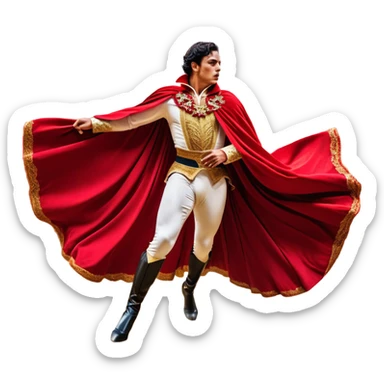 ​Cinematic Realistic Spanish Matador Holding a Red Cape, depicted in mid-action with a vibrant red cape flowing in the wind, dressed in an ornate traje de luces with shimmering details, confronting a charging bull in a dramatic arena, rendered with dynamic motion blur and vivid, high-contrast lighting, sticker