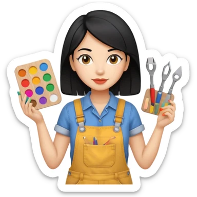 Créame emoji de una mujer que sea diseñadora industrial, pelo negra, piel morena, femenina con overol y una paleta de colores o herramientas de taller  sticker