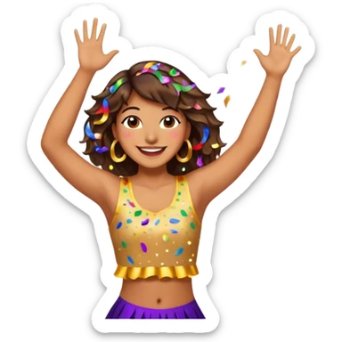 An energetic, celebratory emoji-style scene featuring a dancing figure surrounded by confetti, party streamers, and festive sparkles. Bright, colorful, joyful, and full of movement. sticker