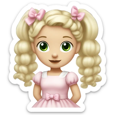 Little  babygirl with White skin, green eyes. Light blonde hair in two ponytails, with light pink bows.  She is wearing a light pink and White dress, holding a teddybear with a pink bow. sticker