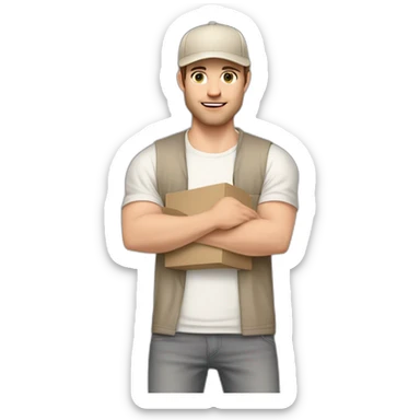 Pale skinned fit Man with dark brown hair in a beige cap, gray jeans, brown polo and white T-shirt keeping a pasted with tape white box into his hands sticker