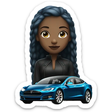 white skin girl with blue hair in black clothes standing next to tesla car sticker