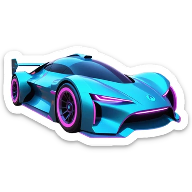 A futuristic racing car with glowing neon lights, sleek aerodynamic design, and a cyberpunk cityscape in the background. The car is speeding through a neon-lit street with high-tech buildings and holograms." sticker