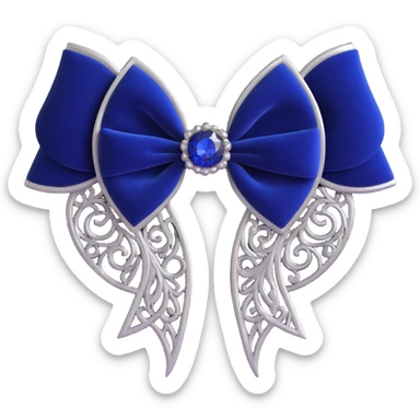 gothic bow, black velvet, silver filigree, deep sapphire gemstone, ornate and dramatic sticker