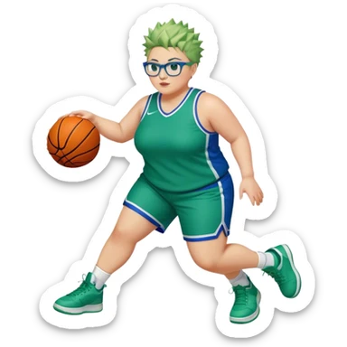 FULL BODY PLUS SIZE  WHITE women with short hair SPIKEY HAIR and glasses playing basketball IN BLUE AND GREE UNIFORM NO WRITING sticker