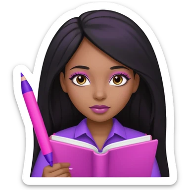 Une fille noir au cheveux lisse qui est entrain d’écrire avec un stylo rose sur un cahier violet cheveux long et lisse avec des jolis yeux et un beau makeup sticker