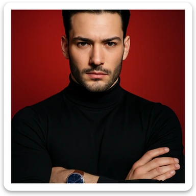 Create a highly stylized ultra-realistic 4K editorial portrait of the person in the reference image. Emphasize sharp features, flawless fair skin, and sleek black hair. The person wears a black turtleneck sweater and stands against a bold red gradient background, confidently crossing arms and showing a stylish wristwatch with a blue dial and brown strap. Use dramatic, cinematic lighting to highlight facial structure, evoking a luxury fashion magazine vibe. Ensure symmetrical composition, minimal background elements, and high detail. sticker