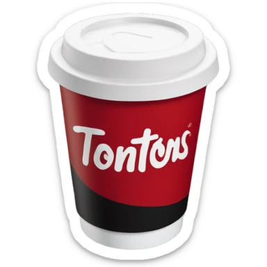 “Red Tim Hortons coffee cup with bold white script logo, black plastic lid, and smooth, minimalist design.” sticker