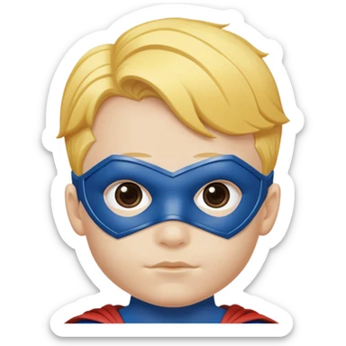 Un niño de cabello amarillo con un antifas azul y un traje de súper Man  sticker