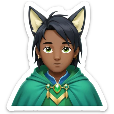 Black anime man with straight long black hair with light-green stripes in it, long black fox ears, hazel-gradient-brown-turquoise eyes, gold earring, dark blue sweater, green cape,  sticker