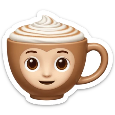 A 3D cartoon cappuccino cup with thick milk foam and light cocoa dust, no saucer, smooth ceramic texture, warm soft lighting, Memoji-style. sticker