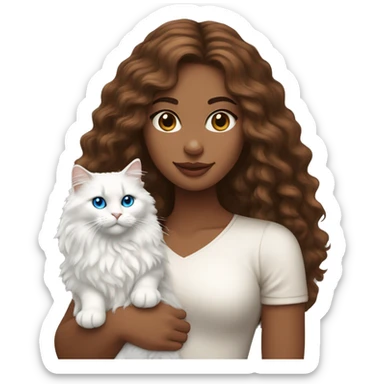 woman with long curly brown hair and holding a all white Siberian cat with blue eyes sticker