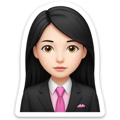 female boss in suit, long black hair, pink tie sticker