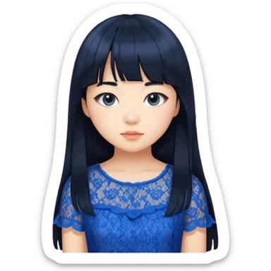 Long hair asian girl with curtain bangs with a blue lace top on with GG written sticker