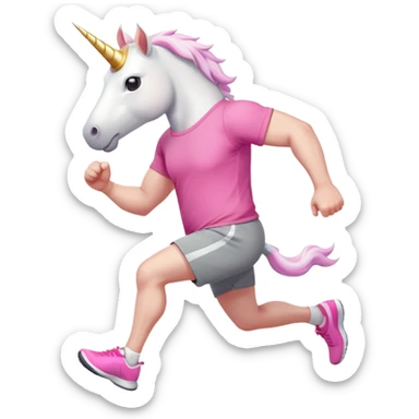 friendly anthropomorphised male white unicorn with a stocky, strong build, white arms and legs, wearing grey shorts and pink t-shirt, dark sunglasses, jogging upright in a standard pose sticker