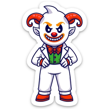 full-body demonic clown in a white leisure suit with bellbottom pants, bald, with black ram horns, flashy belt, ruffled shirt, no neck tie, cartoon sticker style sticker
