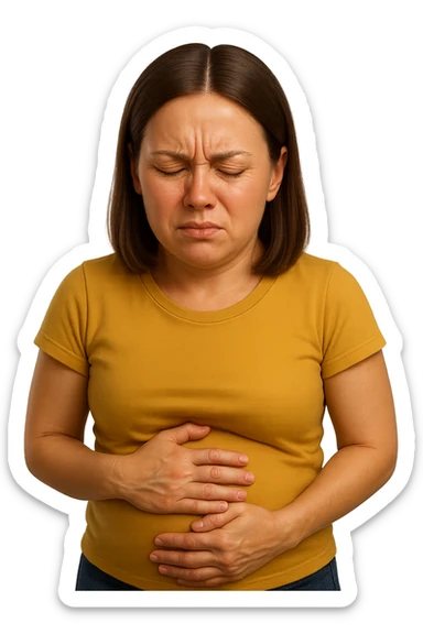 emoji stile iphone di donna con mal di pancia e pancia gonfia, iperrealistico 4k sticker