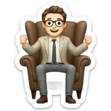 Joyful Celebrating victory Hands up Pale skinned Fit Man With dark brown hair in gray jacket, beige office shirt, Brown pants and vintage glasses sitting In a soft chair sticker