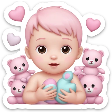 cute baby playing with pastel pink toys and plushies sticker