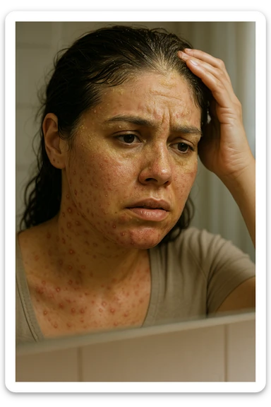 A highly realistic, cinematic close-up portrait of a young woman in her late 20s with medium skin tone, displaying visible folliculitis and seborrheic dermatitis. Small, red, inflamed follicular papules and pustules are scattered along her hairline, jawline, and upper neck, indicating folliculitis. Her scalp and areas around the nose and eyebrows show flaky, greasy yellowish scales, with redness and irritation, indicating seborrheic dermatitis. Her hair appears slightly greasy and clumps near the scalp, emphasizing excess sebum production. She gently touches her irritated scalp with concern while looking at herself in a softly lit bathroom mirror, expressing discomfort and frustration. The environment is neutral and clean, with daylight softly illuminating the scene to highlight the skin and scalp texture. The style is 35mm hyperrealistic, with warm neutral tones and shallow depth of field to maintain focus on her skin, inflammation, and emotional expression, visually explaining the physical discomfort and aesthetic concerns of living with folliculitis and seborrheic dermatitis sticker