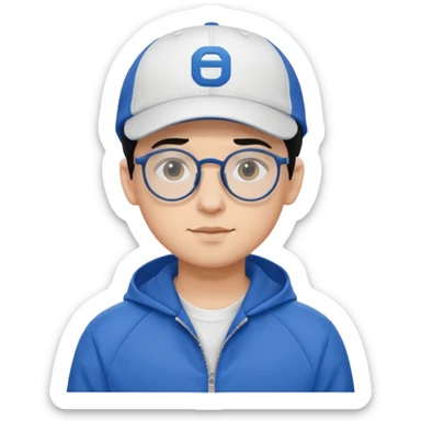 emoji of a young man with black hair, round glasses, white cap worn backwards, blue sports jacket sticker