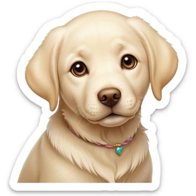 Cinematic Cute Cream Labrador Portrait Emoji, Head tilted playfully and inquisitively, featuring a silky cream Fur with a gentle sheen, round, sparkling warm eyes filled with curiosity, Simplified yet irresistibly adorable features, highly detailed, glowing with a warm, friendly glow, high shine, affectionate and spirited, stylized with a touch of whimsy, bright and endearing, soft glowing outline, capturing the essence of a mischievous yet loving companion, so playful it feels like it could dash out of the screen and into your arms! sticker