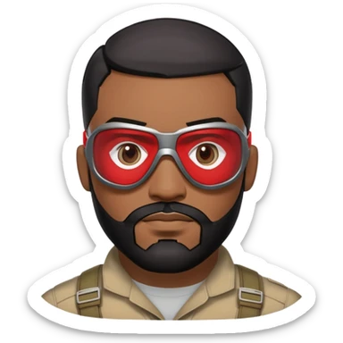sam wilson with  short, neatly cropped black hair and a well-groomed beard that connects to his mustache,  wear sleek, red-tinted tactical goggles fit snugly from captain america: civil war sticker