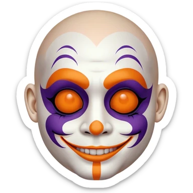 Juggalo smiley face that is Perfectly round and hairless with white skin and elaborate but symmetrical lined face paint that is orange bordered by dark purple sticker