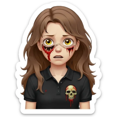 crie uma garota com ferimentos zoombie cabelo ondulado 2c longo castanho e blusa polo básica preta sticker