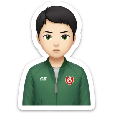 Create a realistic portrait of Kang Sae-byeok (Player 067) with short black hair, green jacket & serious look. sticker