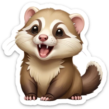 Cinematic Cute Yawning sable ferret Portrait Emoji, Head tilted slightly with an exaggerated, wide-open yawn, showcasing a long, flexible body with a plush fur in soft brown and cream, droopy, drowsy eyes, and a relaxed expression, Simplified yet irresistibly endearing features, highly detailed, glowing with a soft, cozy natural glow, high shine, relaxed yet expressive, stylized with a dash of whimsical charm, soft glowing outline, capturing the essence of a sleepy yet affectionate sable ferret that seems ready to curl up for a nap! sticker