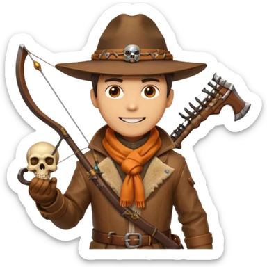 male human monster hunter emoji, wearing brown leather coat and wide hat, holding crossbow, with amulet shaped like skull, Halloween fantasy theme, confident smile, orange scarf, Apple emoji style, clean white background, square image sticker