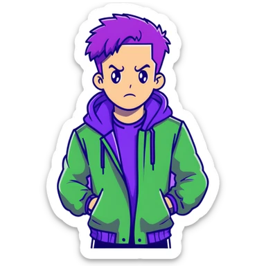 Man with stylish green jacket and purple hair, strong pose, bold expression, modern clothing style sticker